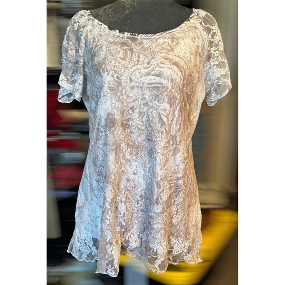 Brittany Black Tops - Brittany Black Floral Lace Overlay Top White Gray Multi Color Sheer Sleeve XL